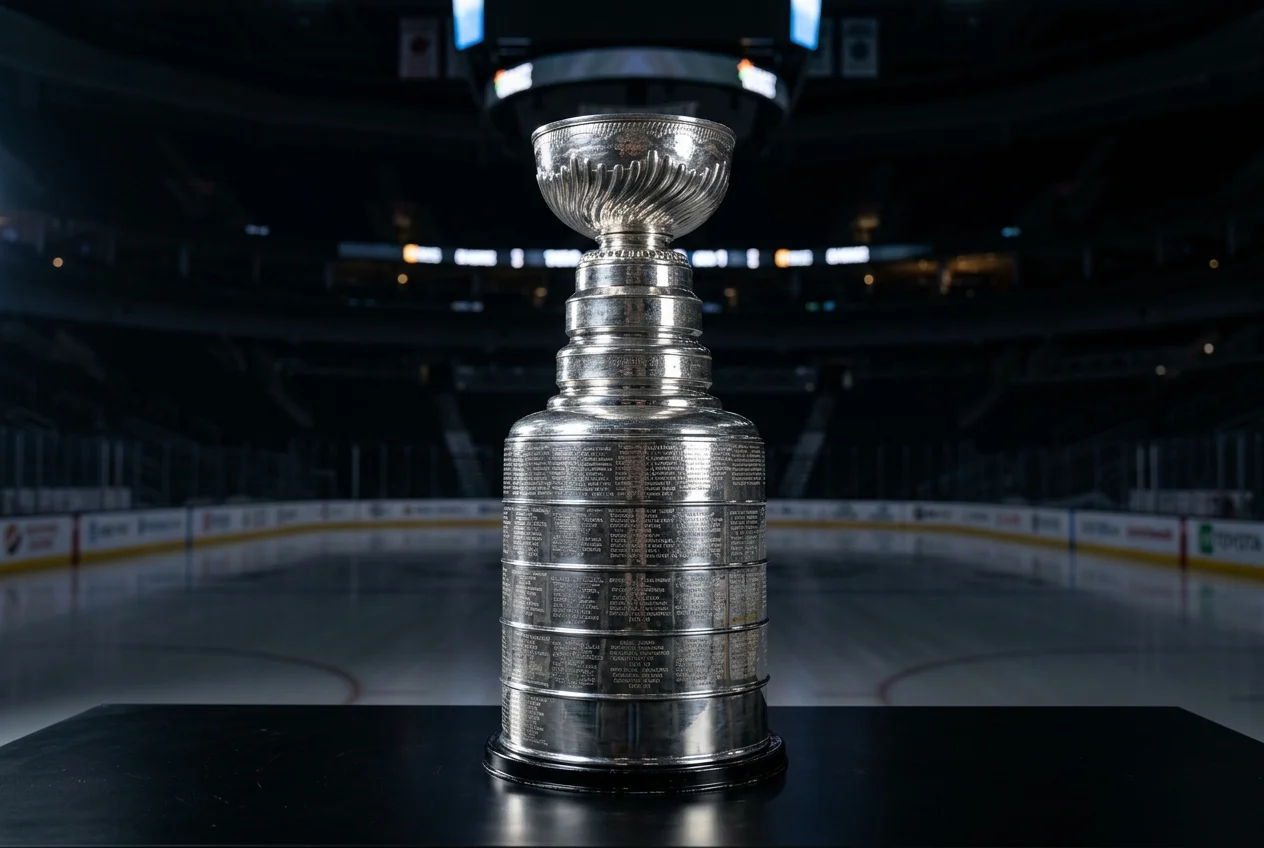 Troféu Stanley Cup com jogadores de hóquei no gelo a celebrar