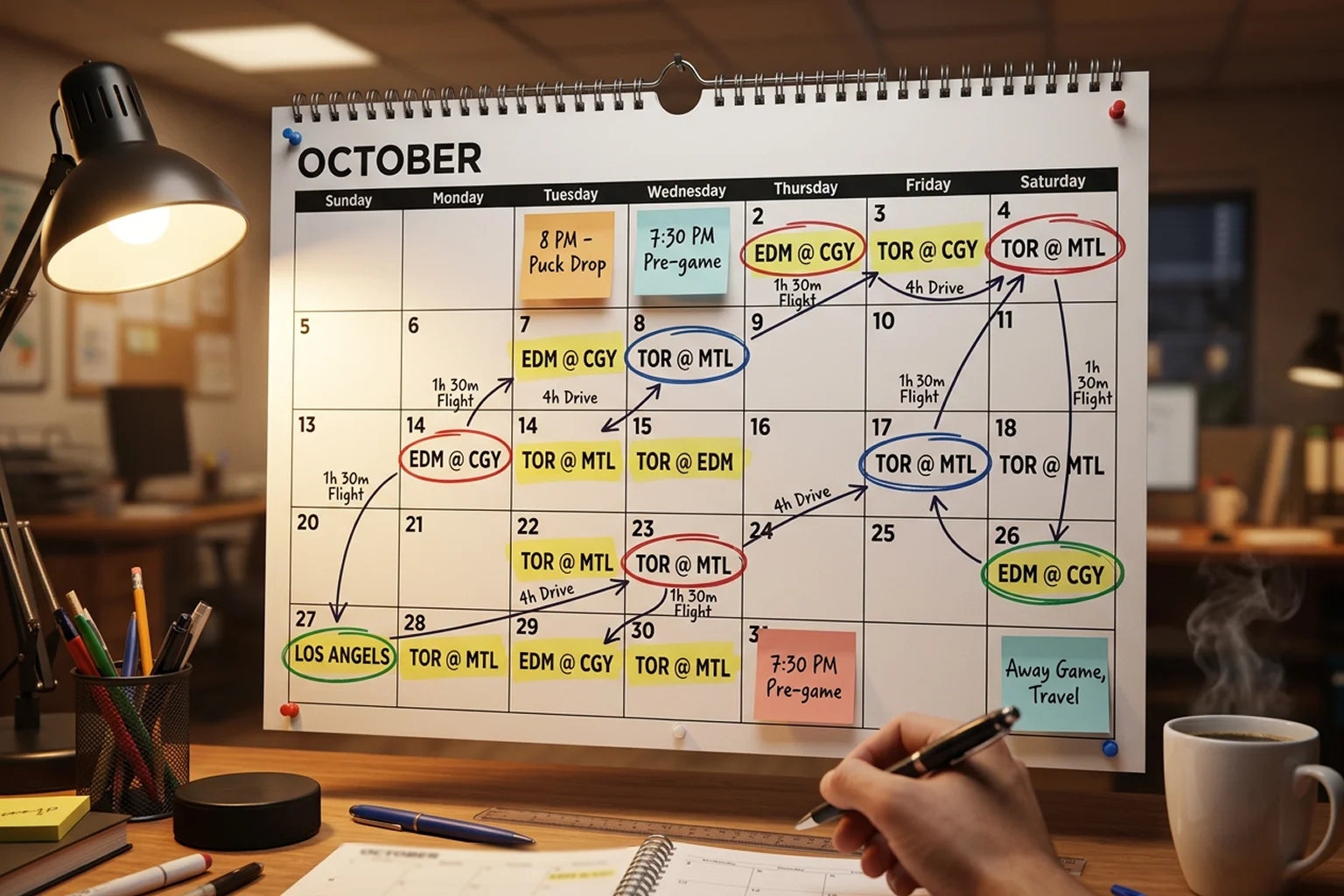 Calendário com jogos de hóquei marcados e rotas de viagem