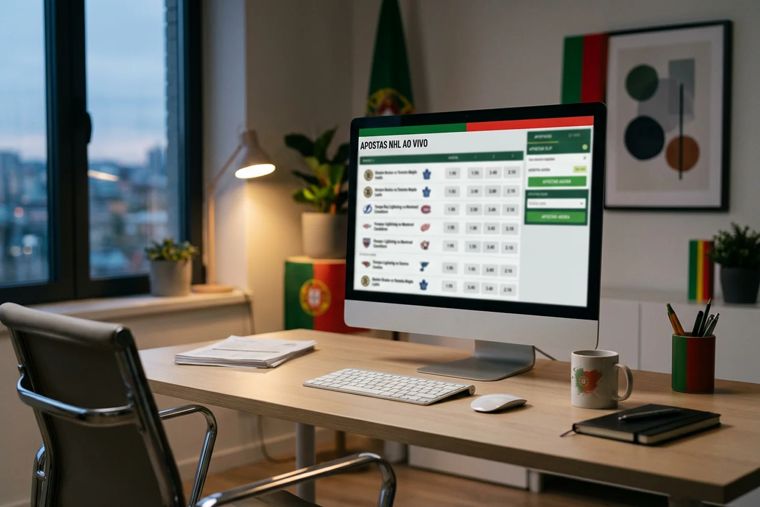 Ecrã de computador a mostrar odds de hóquei no gelo com bandeira portuguesa