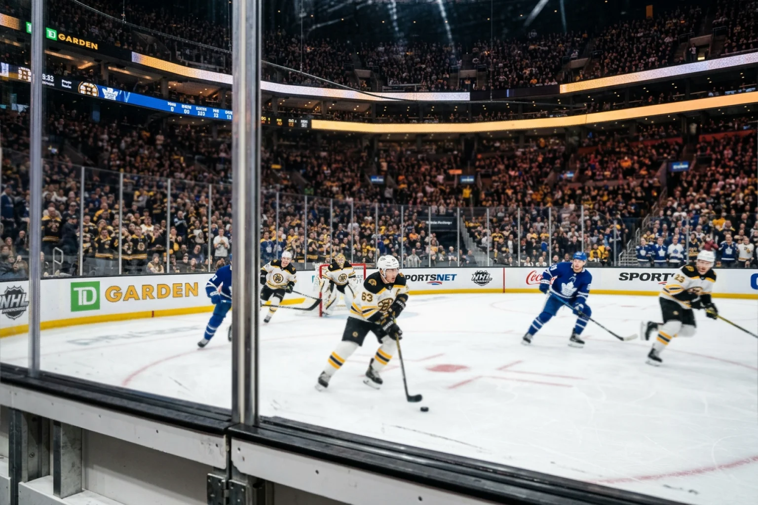 Pavilhão de hóquei no gelo lotado durante jogo da NHL
