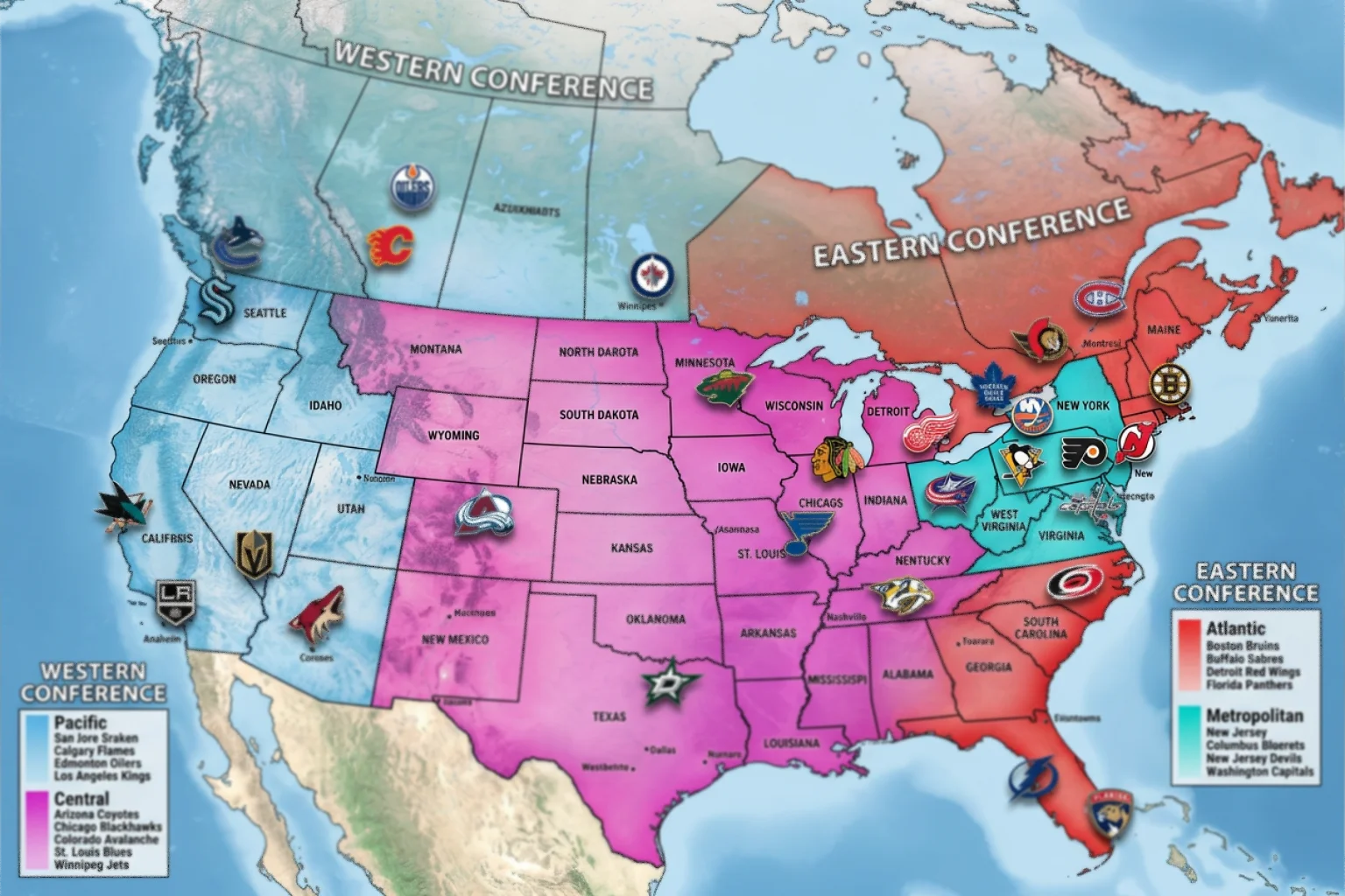 Mapa dos Estados Unidos com logotipos de equipas NHL por divisão