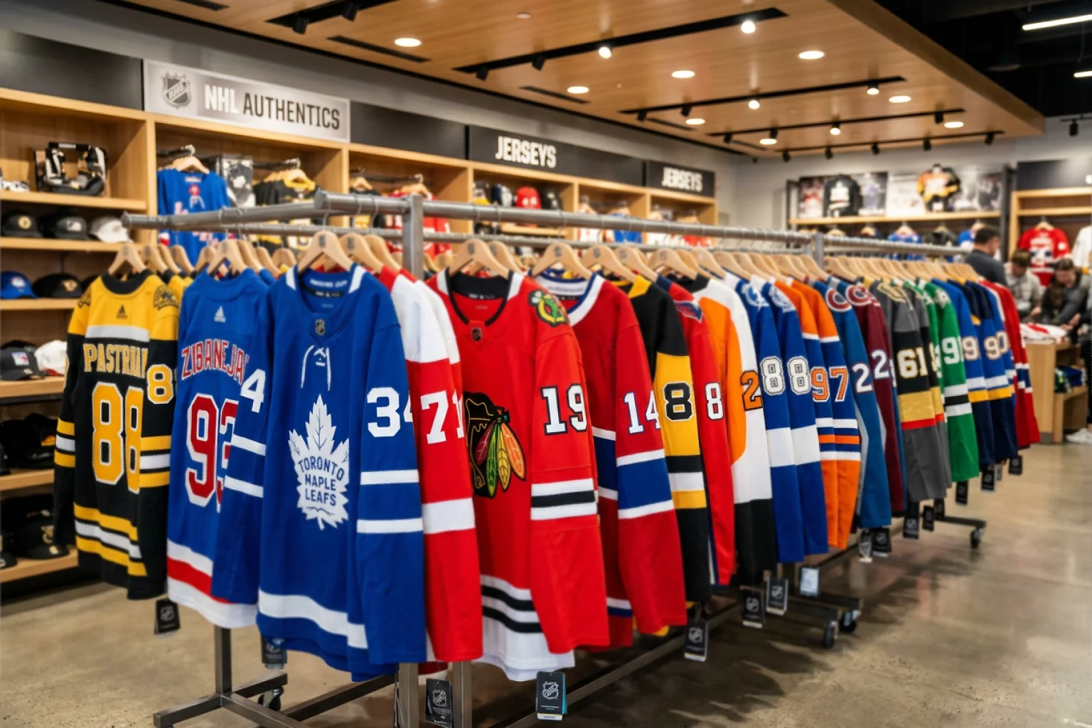 Camisolas de várias equipas NHL penduradas lado a lado