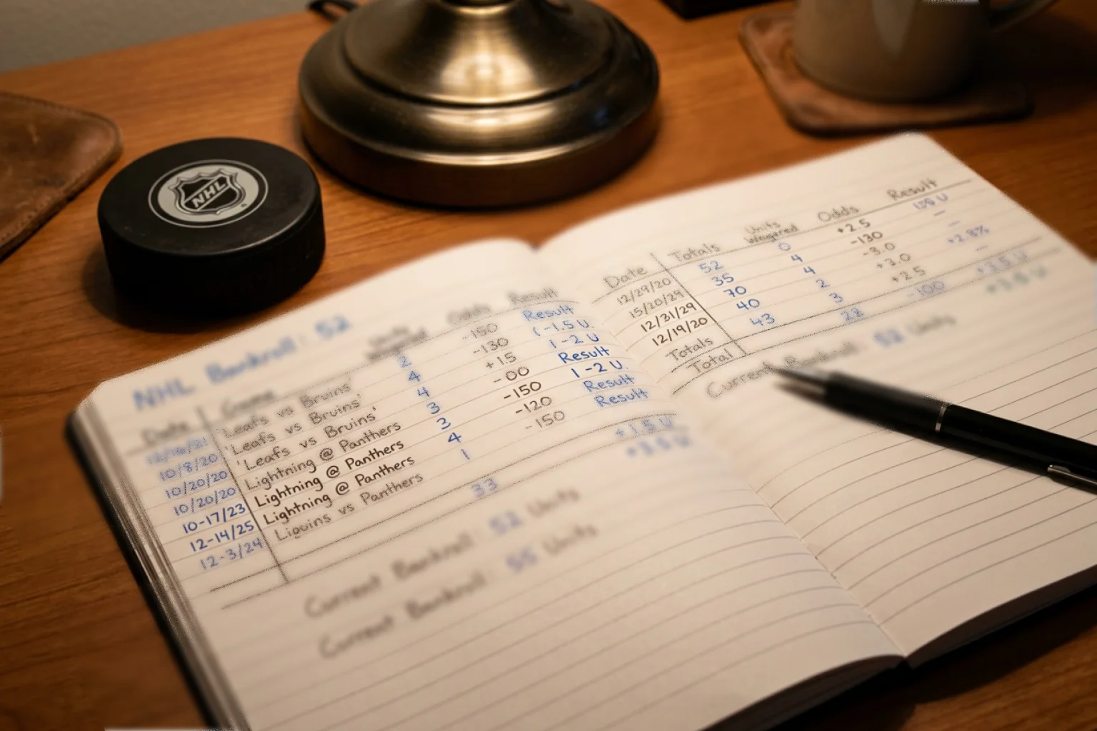 Caderno com cálculos de apostas junto a um disco de hóquei