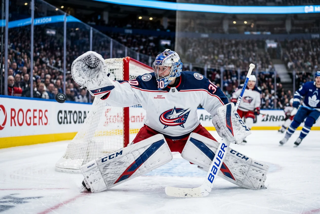 Guarda-redes de hóquei no gelo em posição de defesa junto à baliza durante jogo da NHL