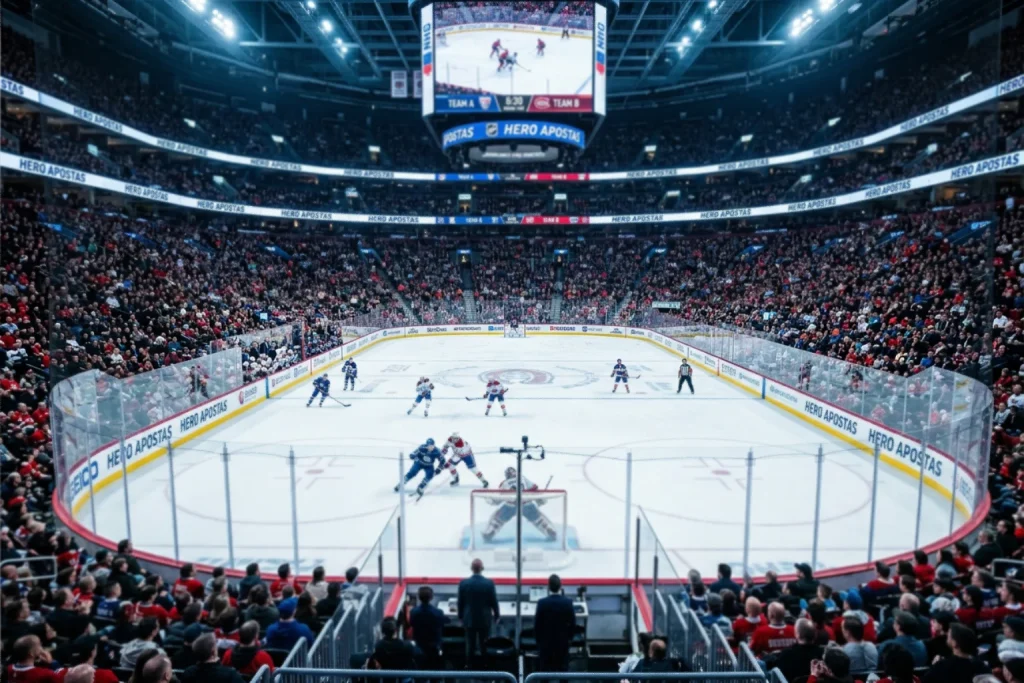 Arena de hóquei no gelo iluminada durante jogo da NHL