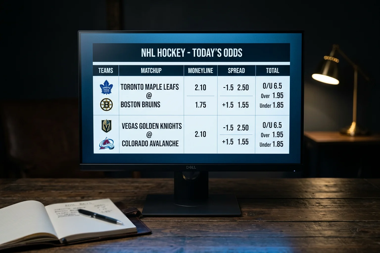 Tabela de odds de apostas NHL com cotações decimais num ecrã de computador