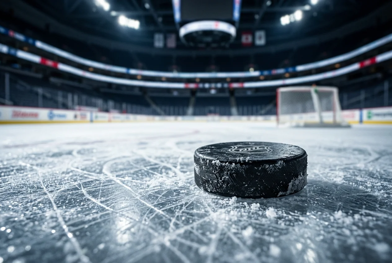 Mercados de apostas NHL com disco de hóquei sobre gelo e painel de odds