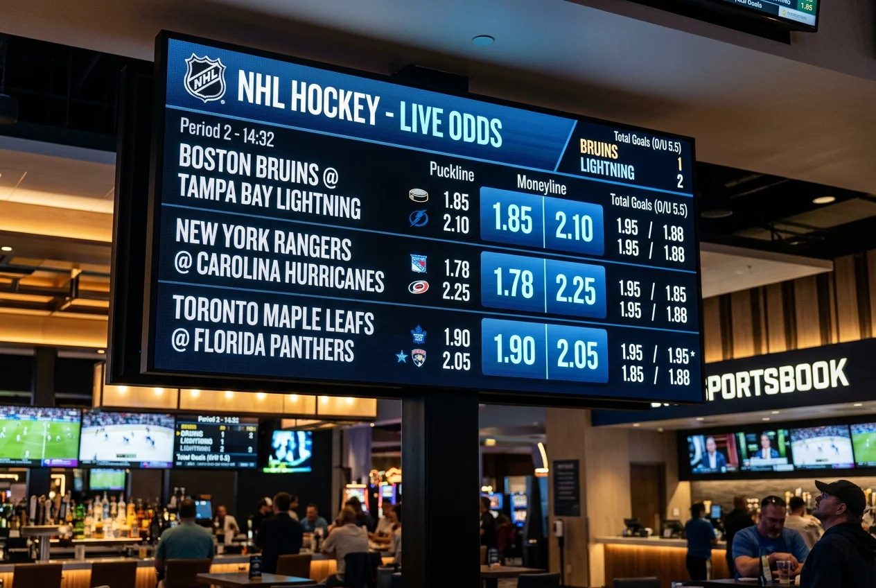 Painel digital a mostrar odds de hóquei no gelo em formato decimal