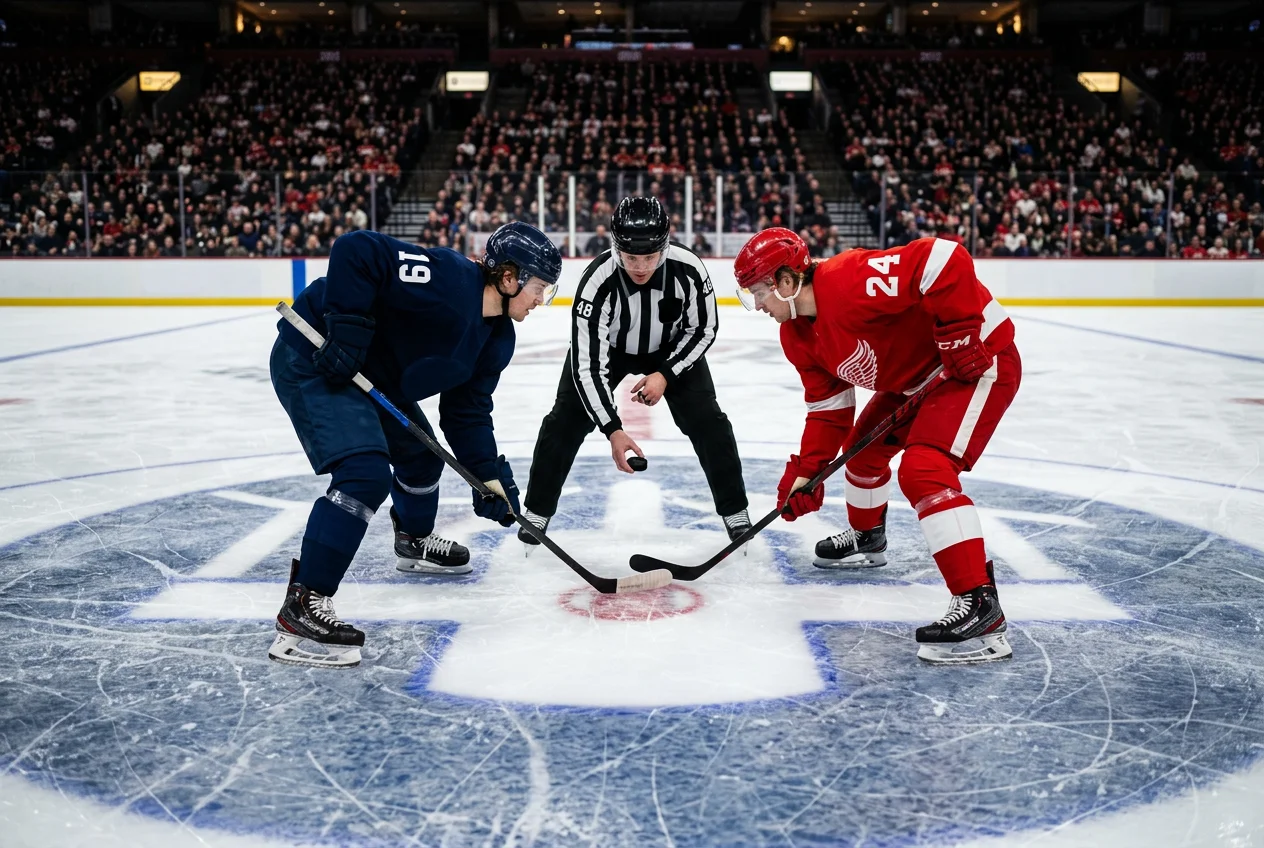 Face-off inicial de um jogo de hóquei no gelo