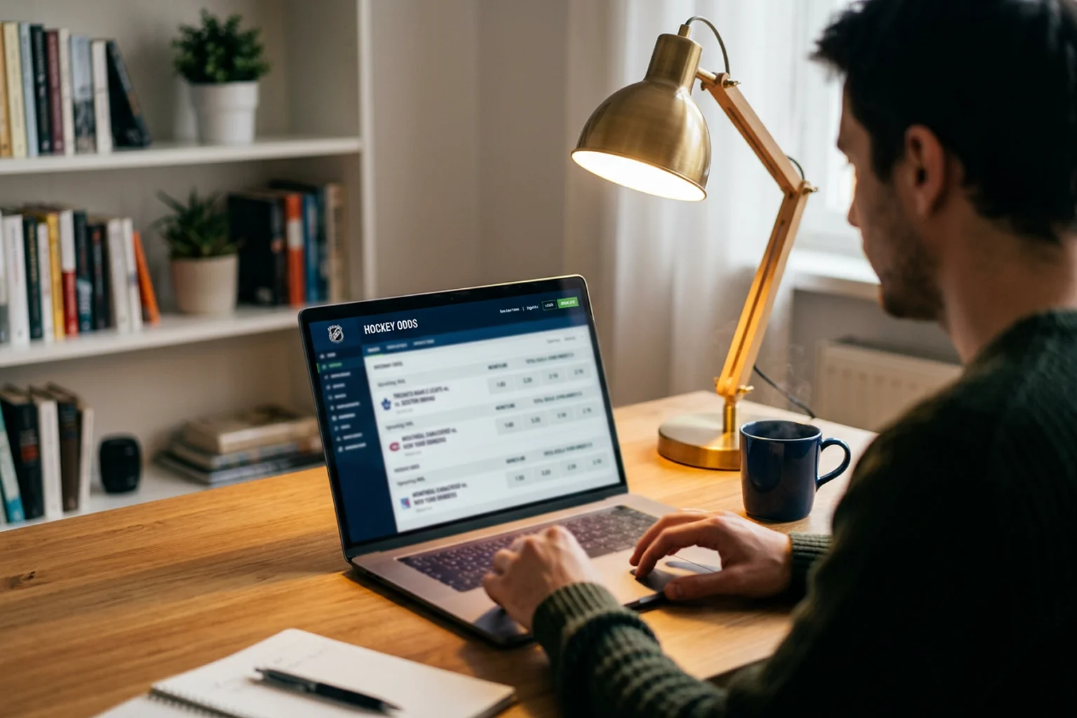 Ecrã de computador portátil com interface de apostas desportivas num ambiente doméstico