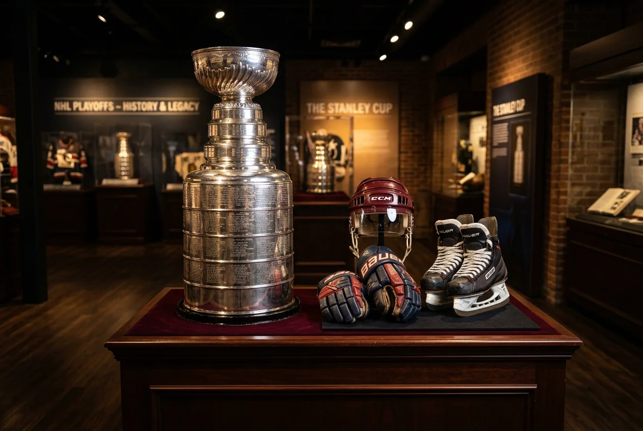 Troféu Stanley Cup junto a equipamento de hóquei no gelo